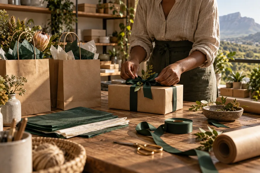 Illustrative gift packaging and paper gift bags scene